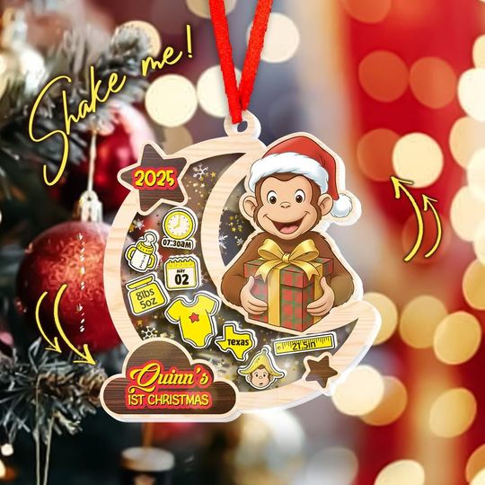 Personalized Curious George Baby First Christmas Shaker Acrylic Ornament