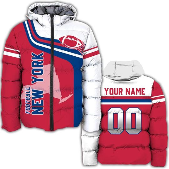 Personalized New York Football Team Giants Men's Hooded Puffer Jacket