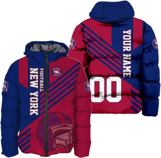 Personalized New York Football Team Giants Men's Hooded Puffer Jacket