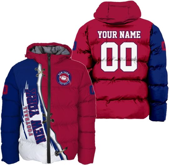 Personalized New York Football Team Giants Men's Hooded Puffer Jacket