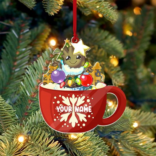 Custom Name Christmas Groot Ornament, Christmas Hot Cocoa Ornament