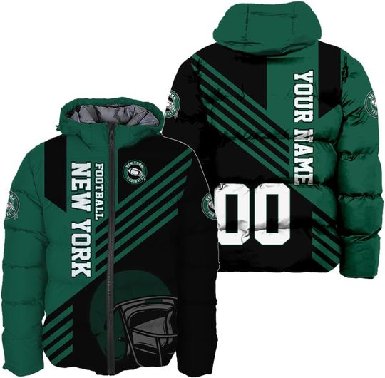 Discover Men Football Custom Name Number Logo Puffer Coat Lightweight Hooded Insulated Winter Windproof Zipper Down Jacket