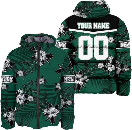 Discover Men Football Custom Name Number Floral Flower Puffer Coat Lightweight Hooded Insulated Winter Windproof Down Jacket