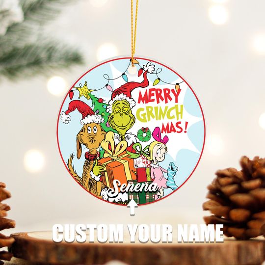 Personalized Christmas funny character Ornaments, Max the Dog & Cindy Lou Who with "Merry Grin" Design
