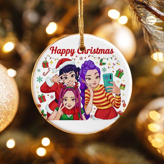 Discover Personalized Christmas Ceramic Ornaments,Anime Girl Group Selfie Design with Festive Decor,"Happy Christmas" Themed Decor,Unique Gift Ideas