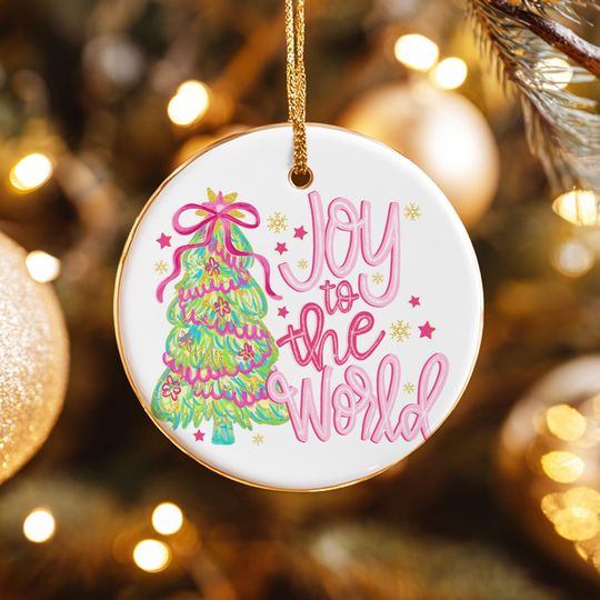 Discover Personalized Christmas Ceramic Hanging Ornament,'Joy to the World' Pink Glitter Christmas Tree Design,Festive Decoration,Unique Gift Ideas