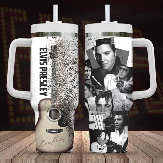 Discover Elvis Presley 40oz Tumbler With Handle, Rock And Roll Tumbler, Guitar And Photo Collage Stainless Steel Cup, Gift for Rock Lover
