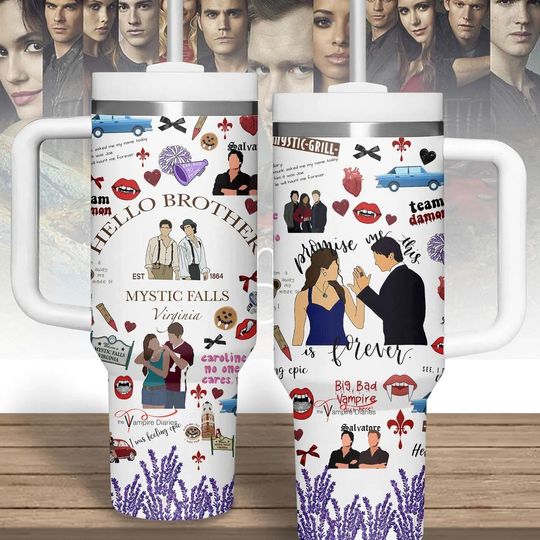 The Vampire Diary 40oz Tumbler, Hello Brother Tumbler With Handle, Mystic Falls Stainless Steel Mug, Gift for Vampire Movie Fan