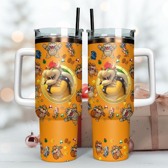 Bowser 40oz Tumbler With Handle, Super Mario Villain Tumbler, Gamer Stainless Steel Mug, Video Game Character Tumbler, Gift for Gamer