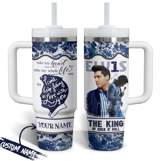 Elvis Presley 40oz Tumbler, Rock n Roll Tumbler With Handle, Custom Name Cup, King of Rock Stainless Mug, Elvis Tumbler, Music Lover Gi