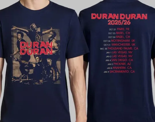 Discover Duran Duran Europe 2025 2026 Navy Collage Bandshot Tour T-Shirt