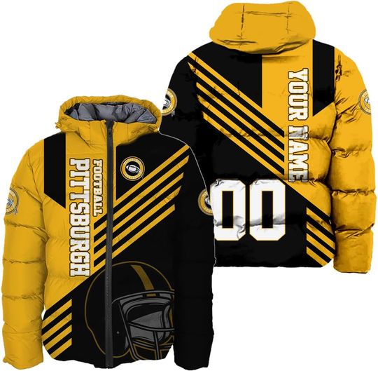 Discover Men Football Custom Name Number Logo Puffer Coat Lightweight Hooded Insulated Winter Windproof Zipper Down Jacket