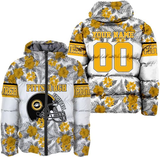 Discover Men Football Custom Puffer Jacket Lightweight Hooded Floral Insulated Winter Coat Windproof Zipper Down Jacket