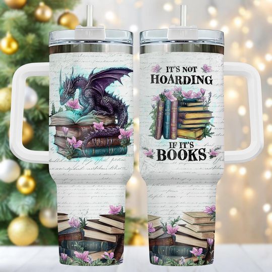Discover Fantasy Book Dragon 40oz Tumbler, Stainless Steel Tumbler With Handle, Reader's Coffee Cup Gift For Book Lovers, Holiday Literary Gift