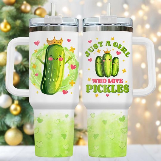 Discover Pickle Theme 40oz Tumbler, Colorful Stainless Tumbler With Handle, Fun Pickle Lover Gift For Her, Cute Drinkware For Holidays, Unique C