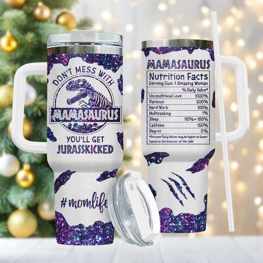 Mamasaurus 40oz Tumbler, Glitter Stainless Tumbler With Handle, Fun Coffee Cup Gift For Mom, Unique Drinkware For Travel, Birthday Gift