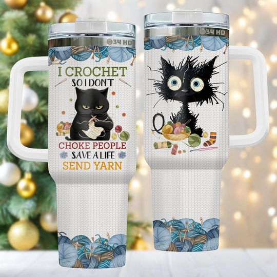 Discover Crochet Cat 40oz Tumbler, Stainless Tumbler With Handle, Funny Coffee Cup Gift For Her, Holiday Drinkware For Yarn Lovers, Christmas Gi