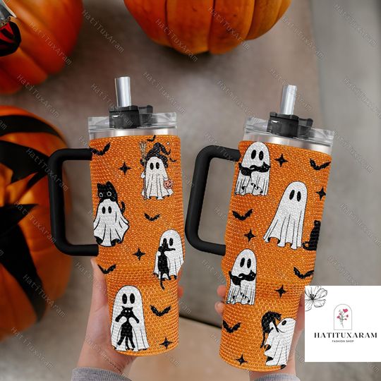 Halloween Bling 40oz Rhinestone Tumbler, Halloween Boo Cup, Halloween Ghost Pumpkin Tumbler, Fall Spooky Season Tumbler With Handle
