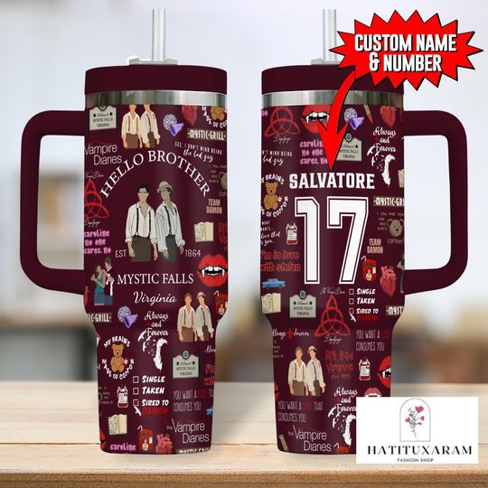 Discover Vampire Diaries Hello Brother Tumbler, Mystic Falls Virginia Coffee Tumbler, Salvatore Brothers Custom Name and Number Cup, Team Damon