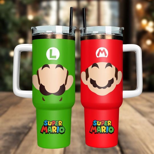 Super Mario 40oz Tumbler, Mario Bros Tumbler with Handle, Nintendo Game Stainless Steel Mug, Super Mario Tumbler, Gift for Gamer