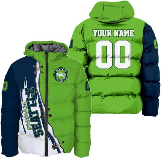 Personalized Seattle Football Team Seahawks Men's Hooded Puffer Jacket