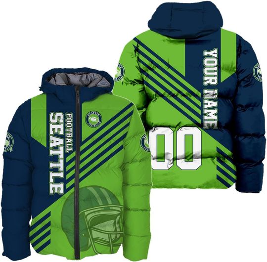 Personalized Seattle Football Team Seahawks Men's Hooded Puffer Jacket