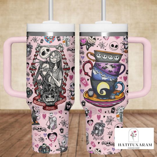 Nightmare Skeleton Valentine Tumbler, Jack and Sally Stainless Steel Couple Cup, Horror Character Travel Mug with Straw, Romantic Gift