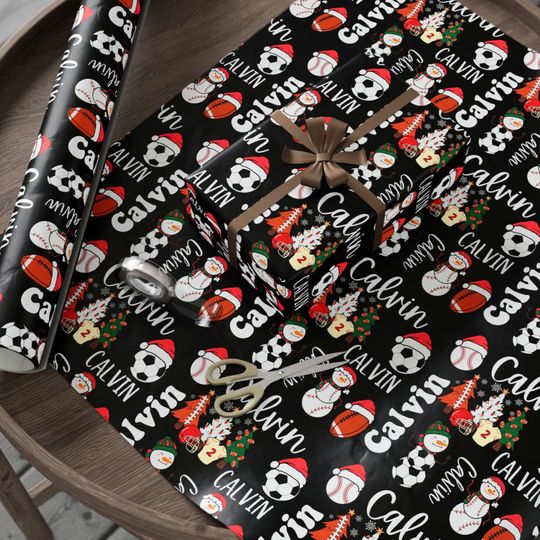 Discover Personalized Name Sports Christmas Wrapping Paper Roll, Custom Sporty Soccer Ball Holiday Season Black Football Gift Wrap Baseball Christmas