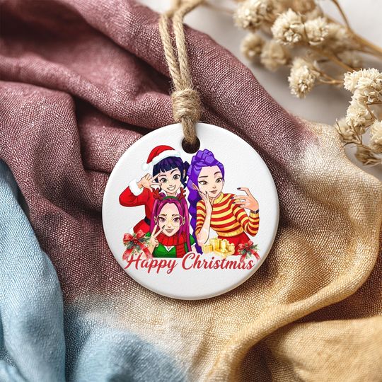 Happy Christmas Demon Hunter Ceramic Ornament, Huntrix Charm, Unique Holiday Gift, Printed One Side