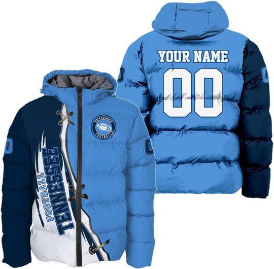 Discover Personalized Tennessee Football Team Titans Men's Hooded Puffer Jacket