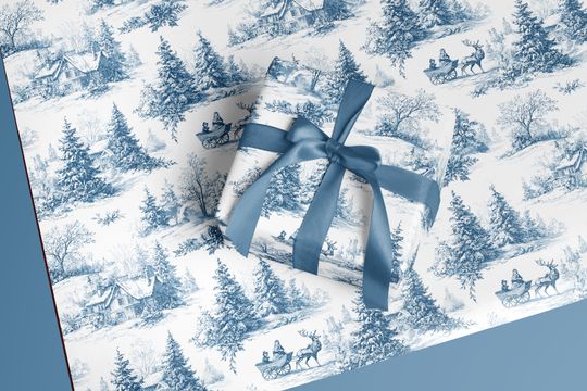 Discover Vintage Christmas Toile Wrapping Paper: Blue French Country Gift Wrap
