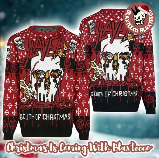 Discover Slayer Band South of Christmas Bloody Skull Santa Ugly Sweater 2025