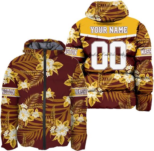 Discover Men Football Custom Name Number Floral Flower Puffer Coat Lightweight Hooded Insulated Winter Windproof Down Jacket