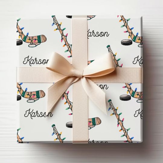 Discover Hockey Wrapping Paper With Custom Name, Children's Wrapping Paper Hockey Gift Wrap Roll With Name, Hockey Christmas Gift Wrapping Roll