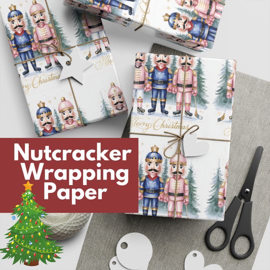 Nutcracker Hockey Christmas Wrapping Paper, Festive Gift Wrap