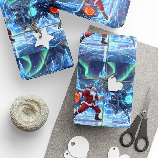 Discover Christmas Wrapping Paper, Santa Claus vs Ice Warrior, Glossy or Matte, Holiday Gift Wrap, Basketball Theme, Festive Gift Wrap