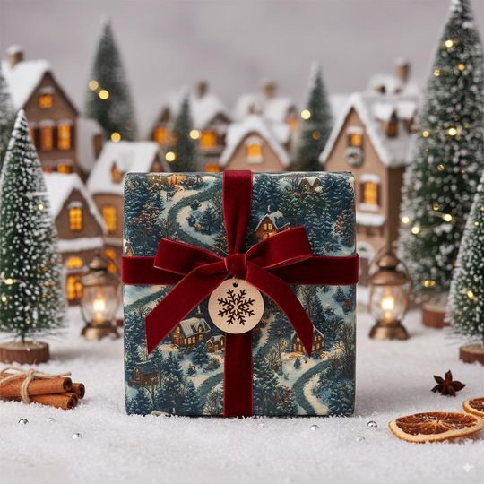 Winter Wonderland Christmas Wrapping Paper Scenic Holiday Gift Wrap Cozy Snowy Village Trees Night Illustrative Paper