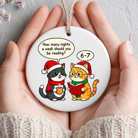 Discover Reading 6-7 Cats Book Teacher Ornament, How Many Nights Reading English Ceramic Decoration, Printed 1 Side
