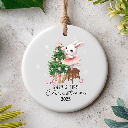 Discover Babys First Christmas Ornament 2025, Ceramic Baby Girl Ornament with Bunny & Tree, Gift for Newborn or New Parents, Printed One Side