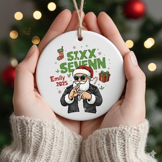 Discover Custom Six Seven Ceramic Ornament,6 7 Meme Christmas Decoration 2025, Gen Alpha Humor Keepsake, Cool Santa Black Leather, Printed One-Sided