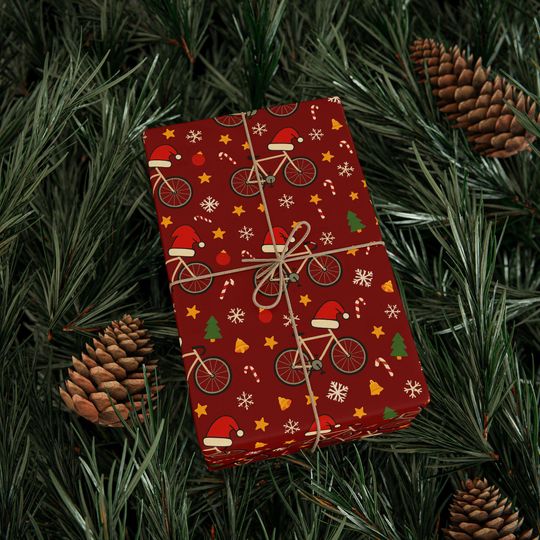 Discover Santa Bicycle Pattern Wrapping Paper | Christmas Holiday Gift Wrap