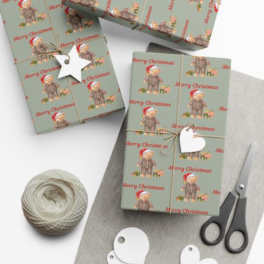 Discover Teddy Bear Wrapping Paper Christmas Teddy Bear in Plaid Pajamas xmas Vintage Gift Wrap Old-Money Aesthetic Christmas Paper