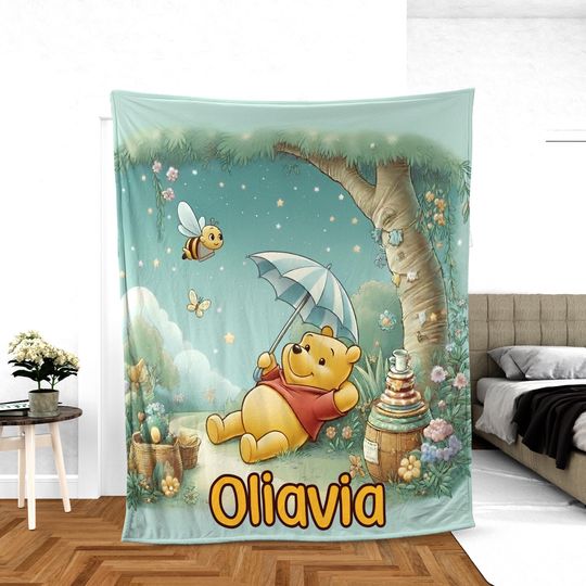 Discover Personalized Winnie the Pooh Blanket, Custom Name Baby Gift, Classic Pooh Nursery Throw, Newborn Shower Gift