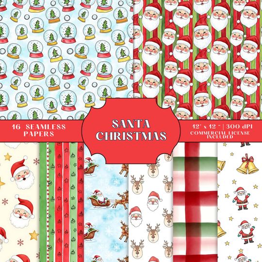 Discover Santa Christmas Seamless Paper Bundle, Holiday Scrapbook Christmas Wrapping Patterns, 12x12 JPG, Commercial Use