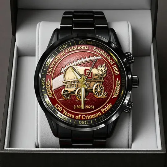 Discover Oklahoma Sooners Football 130th Anniversary 2025 Black Stainless Watch 1985-2025