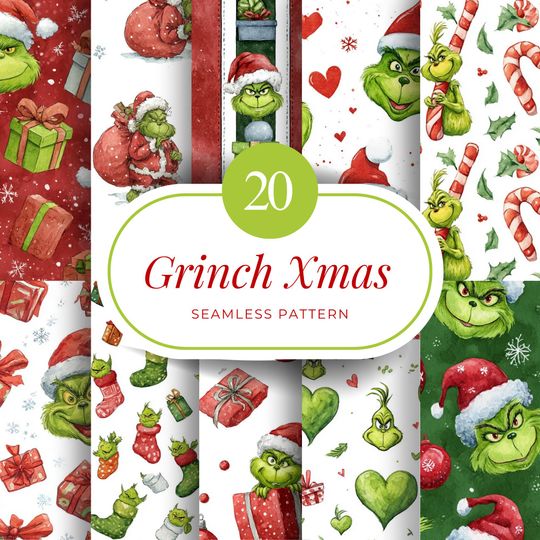 Discover 20 funny character Christmas Seamless Patterns, Festive Red & Green Digital Papers with Gifts, Candy Canes, Hearts, Stockings, Santa funny character