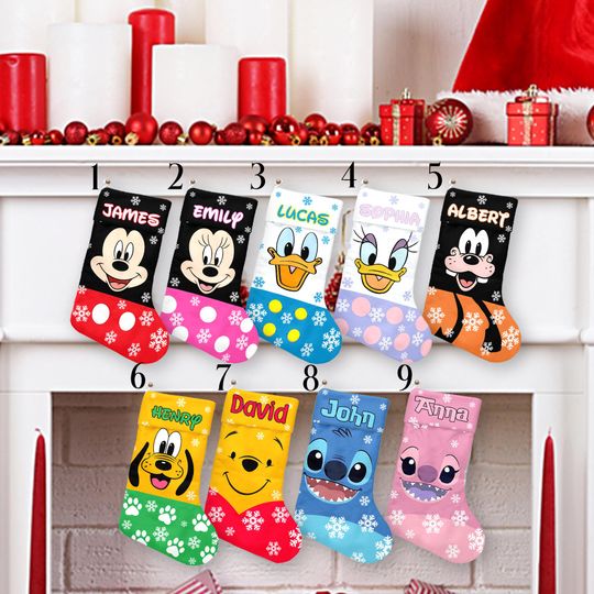 Discover Custom Name Disney Character Christmas Stocking 2025, Personalized Mickey Minnie Stitch Angel Pooh Simba Stocking Disney Xmas Gift For Child