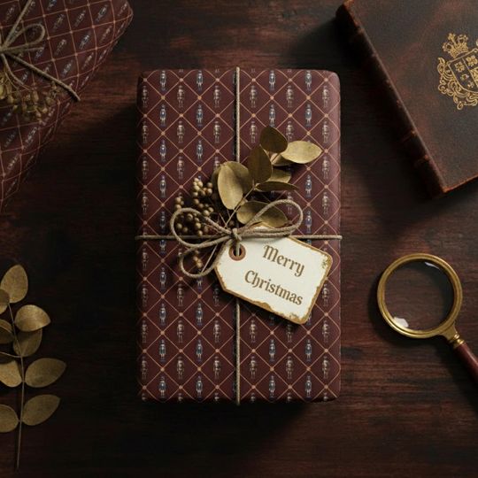 Nutcracker Christmas Wrapping Paper Burgundy Gift Wrap Holiday Patterned Rolls Vintage Style