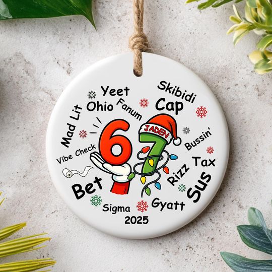 Discover Funny Gen Alpha Meme Ornament, Rizz Gyatt Skibidi Fanum Tax Slang Christmas Decoration, Viral 2025 Ornament for Teens, One Side