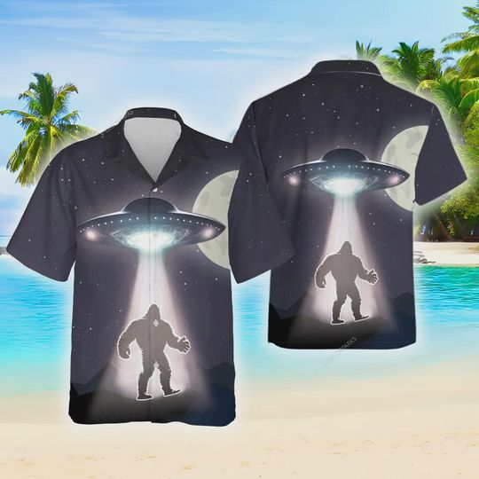 Discover Space Ufo Bigfoot Hawaiian Shirt For Men Women, Space Alien Pattern Summer Aloha Button Down, Mythical Creatures Casual Beach